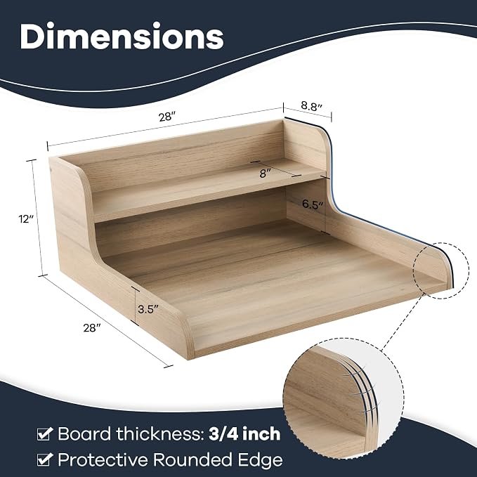 Washer Dryer Countertop 2 Tier 28 inches Wide, Laundry Shelf Topper with Edge, 28" W x 28" D x 12" H Laundry Space Organizer, Oak(Grey Tone)
