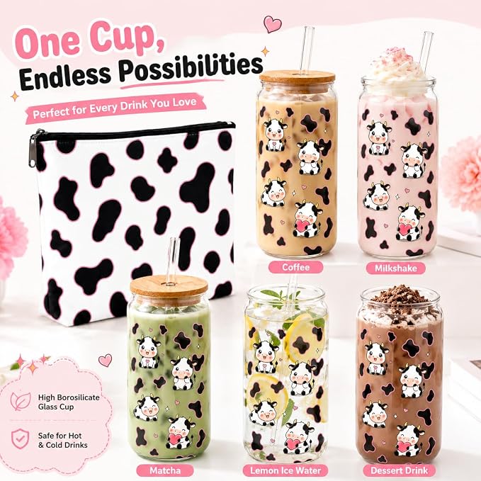 Cow Print Cup - Cow Tumbler with Lid and Straw, Cute Cow Water Bottle with Makeup Bag