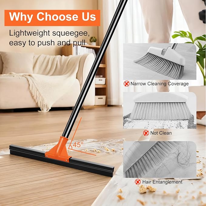 BUVE 18" Heavy Duty Floor Squeegee for Concrete Water Removal | Double-layer Rubber Wiper Broom|60" Long Metal Handle for Concrete Tile Garage Deck Bathroom Kitchen Pool|Orange