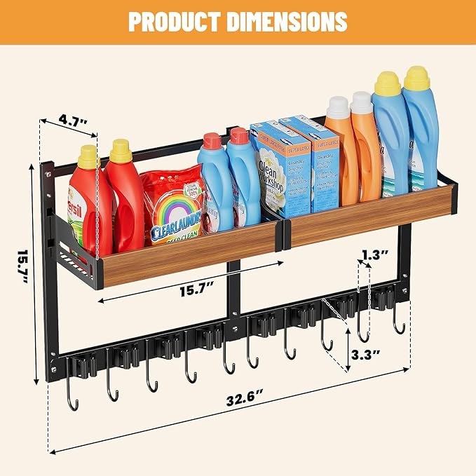 Broom and Mop Organizer Wall Mount, 2 pcs | Wall Hanging, Cleaning Supplies Organizer, Storage Shelf and Hooks, For Laundry Room Garage Kitchen