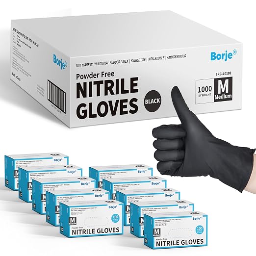 Borje Nitrile Gloves Medium, 1000 Count Disposable Gloves, Black | Latex-Free Powder-Free, Medical Exam, Food Safe, Cleaning, Cooking