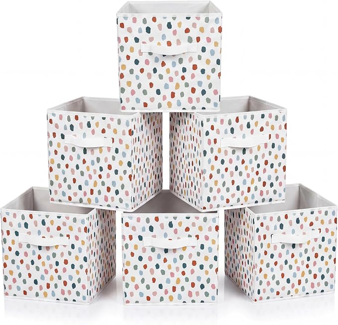 Chunful 6 Pcs 11 Inch Polka Dots Fabric Storage Cube Bin Woven Foldable Storage Cubes for Classroom Basket Bin Classroom Organizer with Handle Decor for Organizing Clothes, Toy, Book