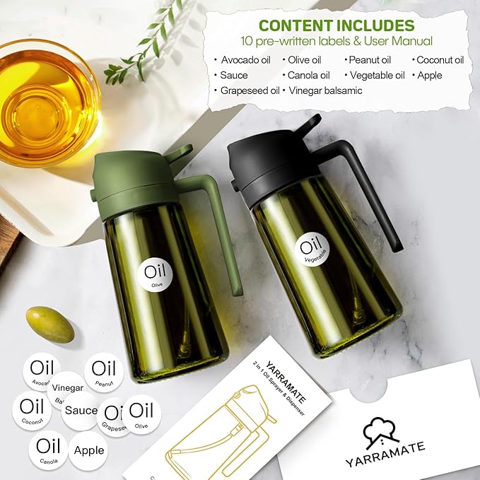 YARRAMATE 16 oz 2-in-1 Dark Glass Oil Sprayer & Dispenser, BlackOliveGreen | Light-blocking dark green glass, food-grade spray and pour bottle for cooking, air fryer, salad and BBQ