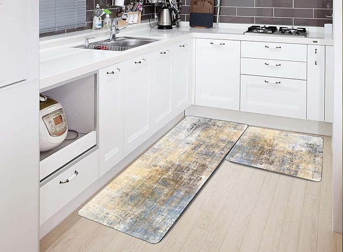 TOMWISH Grey Vintage Kitchen Rug Non Slip Kitchen Mats for Floor 2Pcs | Washable Absorbent Runner Rugs for Kitchen Front of Sink Dining Room Home Office Laundry 18"X48"+18"X30"