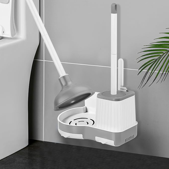 Silkyhose 3 in 1 Toilet Brush & Plunger, Wall Mounted with Crevice Brush | Built-in Storage Holder. Rust-resistant, Durable. Non-Slip Grip. Easy to Install. For Bathroom, Floor & Tile Cleaning.