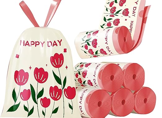4 Gallon Trash Bags 200pcs Drawstring Tearing-free for Bathroom Office Home Bedroom Trash Can with Pink Floral Printed Garbage Basket Bags (4Gallon 200pcs)