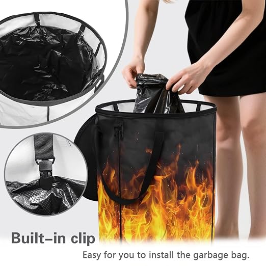 BIGCARJOB Collapsible Garbage Can Fire Print Trash Can Outdoor Waterproof Recycling Bin Storage Bag Holder Trash Bin with Lid and Clip, 22.83x17.71 in
