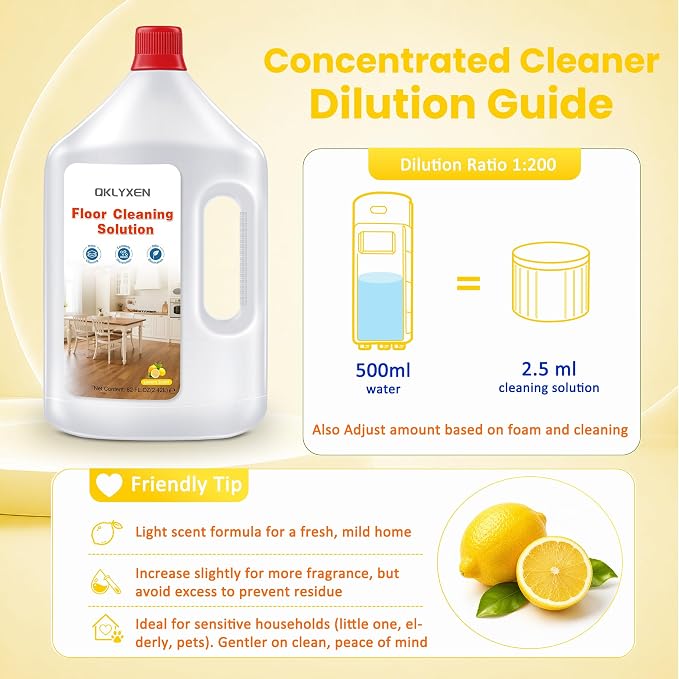 82 FL OZ Lemon Scent Floor Cleaning Solution Compatible with Roborock | Zesty Scent, 2.4 L Floor Cleaner for All Cordless Wet/Dry Vacuum Mop Cleaner & Robot Vacuums with Mopping