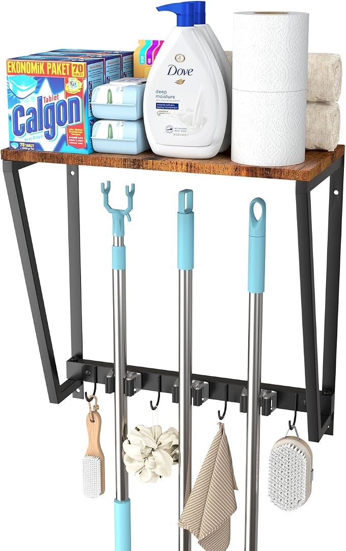 Broom and Mop Organizer Wall Mount, Heavy Duty Broom Hanger Wall Mount for Garage Laundry Room Utility Closet, Cleaning Tool Storage Rack Holder for Brooms Mops Swiffer and Household Organization