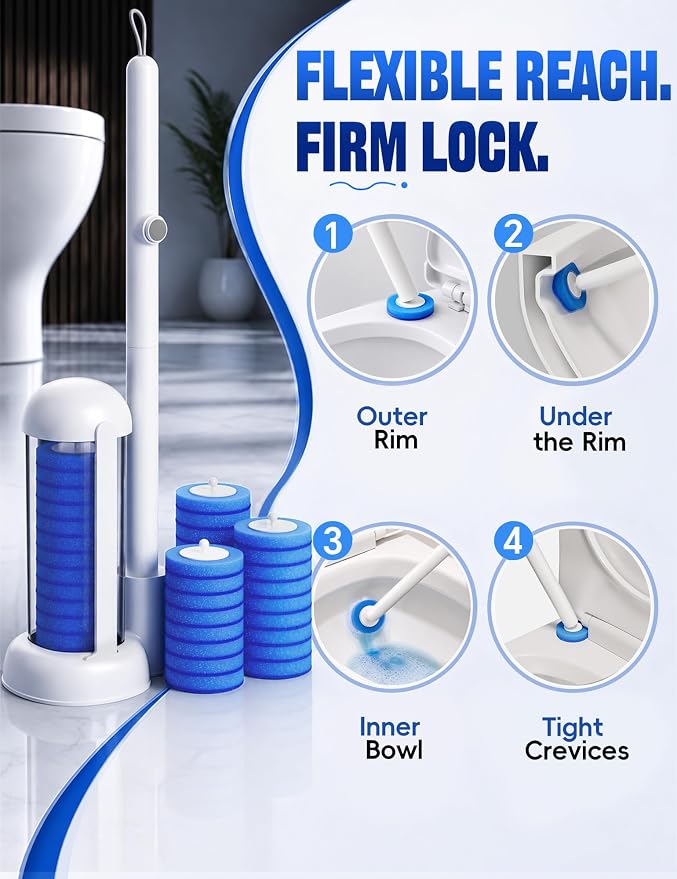 Toilet Brush Kit, Disposable Toilet Bowl Cleaner Brush with Blue Replacement Heads, Press-Button Wand and Self-Closing Freestanding Holder (2 Toilet Brush + 91 Refills)