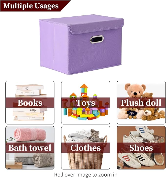STOREONE Fabric Storage Cube Bins Foldable Organizer Container Collapsible Basket with Lids and Metal Handles, for Home, Bedroom, Closet 6 Pcs (multicolour-purple)