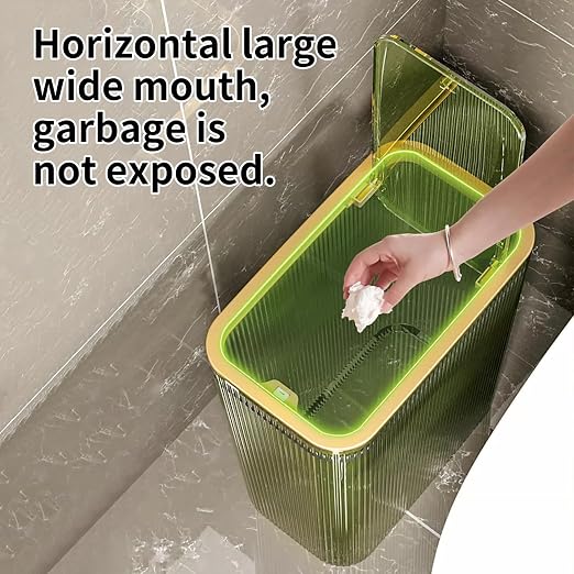 Bathroom Trash Cans with Lids, 2.6 Gallon (Green) | Garbage Can for Bedroom, Office, Plastic Slim Waste Basket with Press Top Lid, 10L Clear Trash Bin for Home, Kitchen