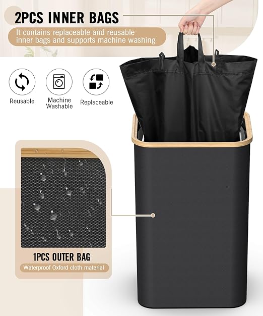 26 Gallon (100L) Recycling Bins for Kitchen with Bamboo lid, Black | with 2pcs Removeable and Reusable Inner Bags, Oxford Fabric, Recycle Trash Bin for Indoor Bottle Can Glass Plastice