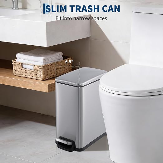Slim Narrow Kitchen Trash Can with Lid, 10L Stainless Steel Step Pedal Garbage Can, Soft Close & Stay Open Lid Design, Space Saving Trash Bin with Removable Inner Bucket for Kitchen, Bathroom,Sliver