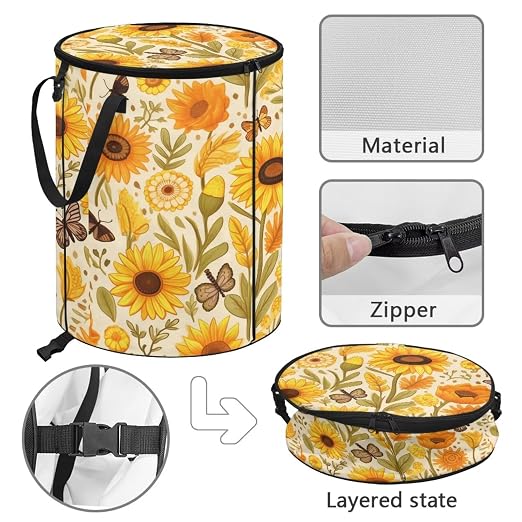 Sunflower Collapsible Trash Can 24 Gallon Pop-Up Outdoor Garbage Can with Handles Waterproof Lightweight Storage Bag with Lids for Camping, Backyard, Hiking
