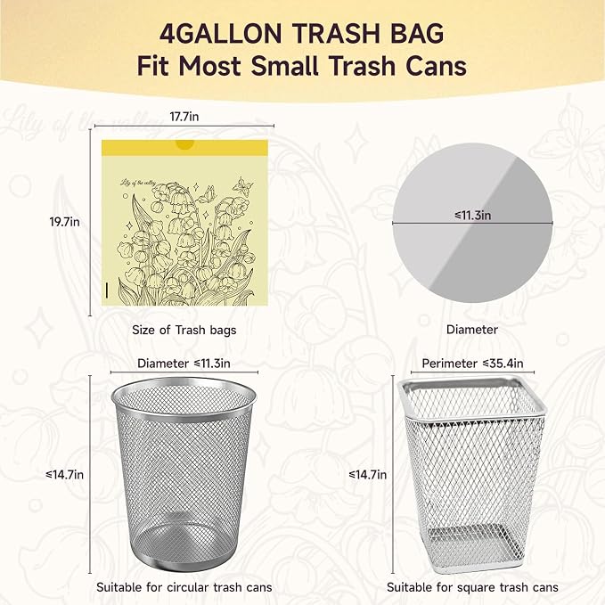Lily of the Valley Scented Small Garbage Bags,Trash Bags 4 gallon Drawstring For Bathroom,Office,Bedroom,Car,Suitable for 2-4 gallon trash can,colorful Print,yellow,50 Counts