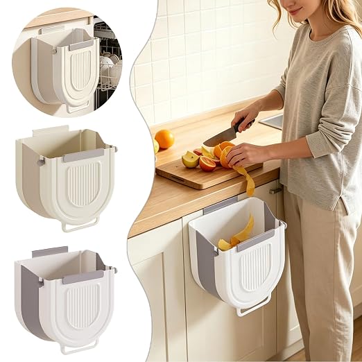 Multipurpose Hanging Collapsible Trash Can for Kitchen, Foldable Waste Bin with Space Saving Design, Wall Mount Cabinet Door Garbage Can for Peels Recycling (Grey, Large)