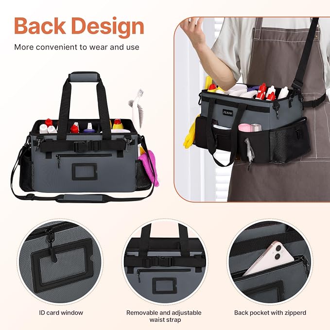 JKAOO Large Wearable Cleaning Caddy Bag with Handles, Gray | Adjustable Shoulder & Waist Straps, Removable, Waterproof Tote for Cleaning Supplies, Home, Car, Office