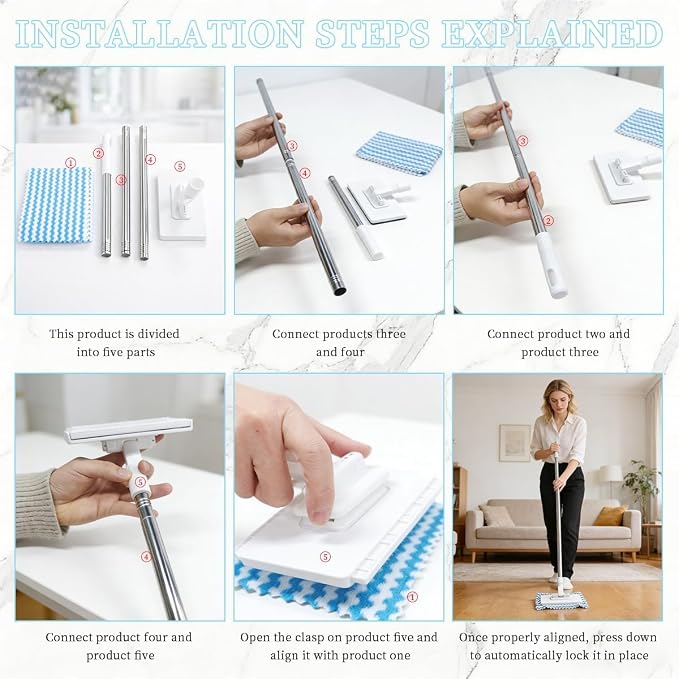 Clamp Grip Mini Mop, Zero Touch Cloth Changing Mop with Automatic Push Pull Handle,360 Rotating Lazy Mops Wet Dry for Whole House Cleaning,Retractable Gap Dust Cleaner Flat Mops (White-5 Cloths)