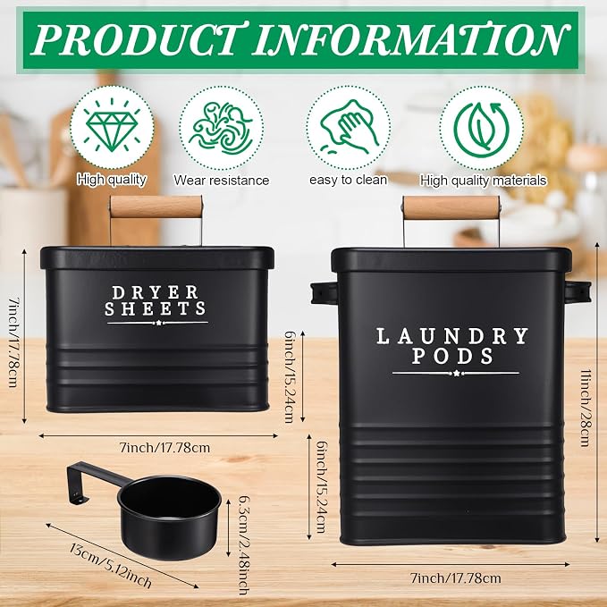 Yaocom 2 Pcs Laundry Pod Container with Dryer Sheet Holder Farmhouse Laundry Room Decor Organization and Storage Detergent Container Box with Lid Handle Metal Dryer Sheet Dispenser(Black)