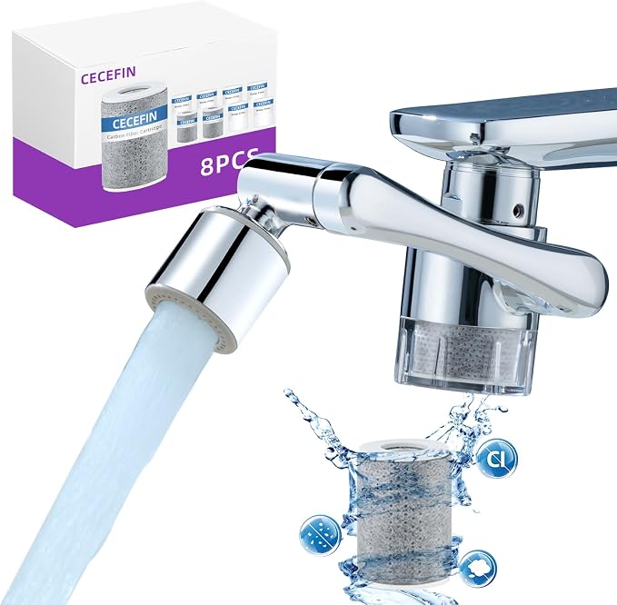 CECEFIN Sink Filter for Bathroom/Kitchen Water Faucet Extender, 1080 Swivel | 9pcs Cartridge,Reduce 99% Chlorine, NSF Test Water Filter for Skincare Face Wash, Brass Faucet Mount Purifier, 2-Mode Aerator