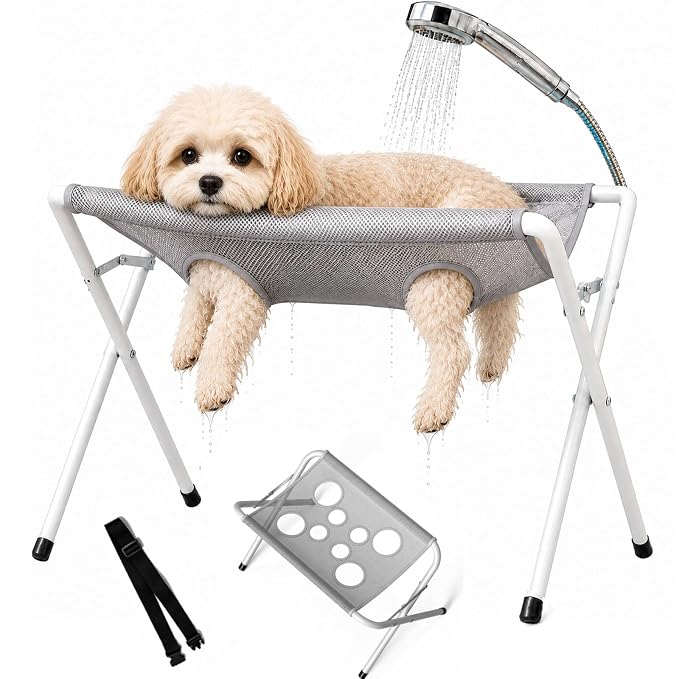 Dog Bath Hammock with Foldable Pet Bathing Stand (Gray) | For bathing, paw cleaning, nail trimming and grooming Small/Medium Dogs in showers, laundry rooms and home pet care areas