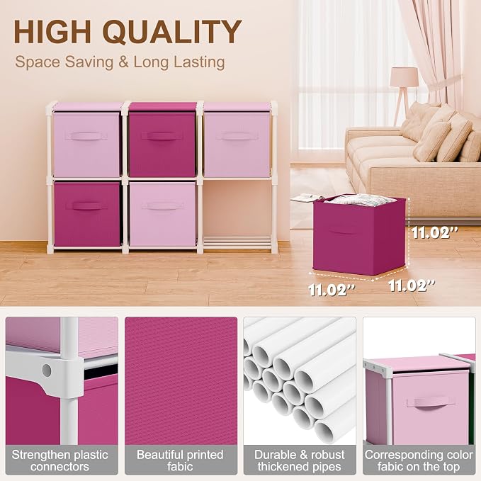 Briwooody 6 Cube Storage Organizer Bins with Shelf, Pink,Rose | 11x11'', Storage Organizer, Toy Storage Box, Back to School, Dorm Organizer, Fabric Drawers, Playroom Bedroom Storage Cabinet