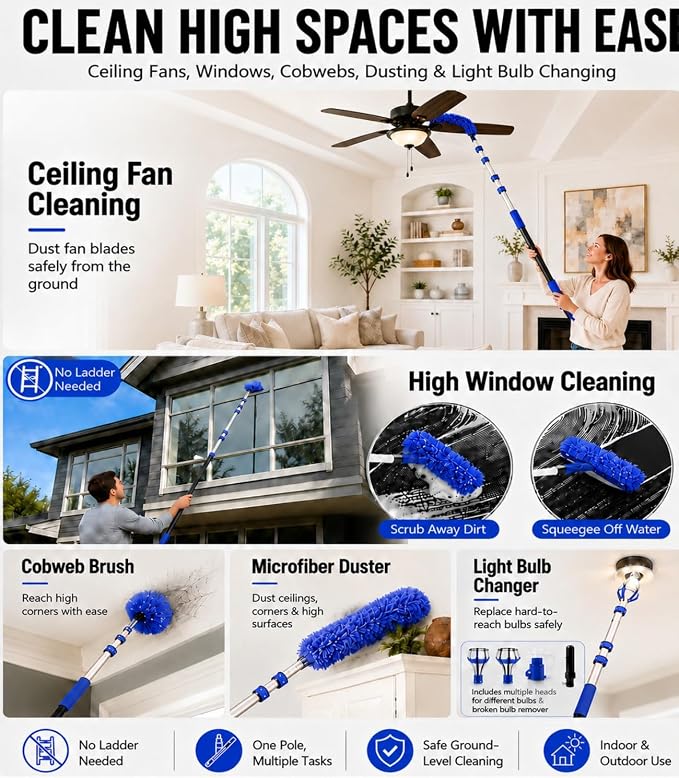 20 FT Ceiling Fan Cleaner Dusters with Telescoping Extension Pole | Extendable Duster for High Ceiling, Light Bulb Changer, Window Squeegee Washing Kit, Cobweb Brush Duster