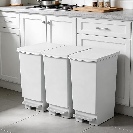 8 Gallon Trash Can With Lid and Foot Pedal, Plastic Slim Kitchen Step On Trash Can, Hands Free Recycling White Kitchen Garbage Can, Odor Block, 9 Inch Wide Trash Bin Fit For Narrow Space, 3Pack