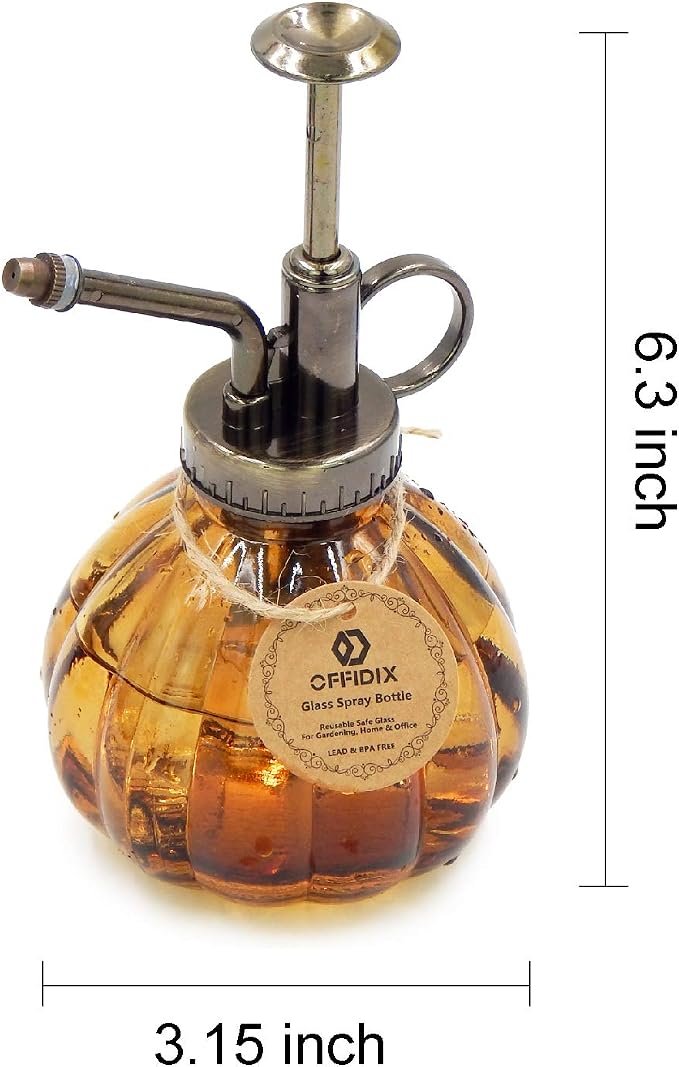 OFFIDIX Glass Spray Bottle, Brown Plant Mister Pumpkin Style Spritzer 6.7oz | Flower Spray Water Bottle, Fine Mist Vintage, Bronze Plastic Top Pump, One Hand Watering Can for Indoor Outdoor Garden Decor