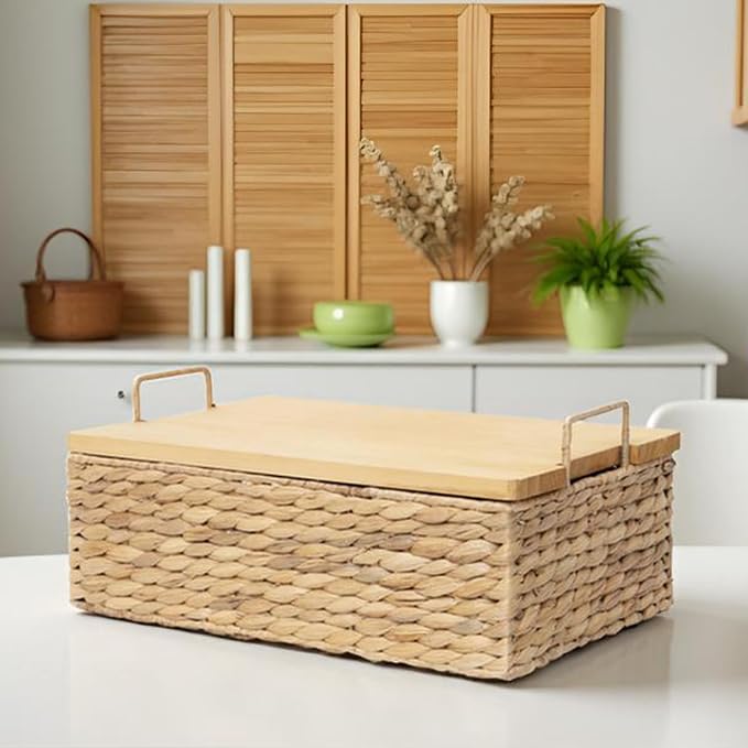 Handmade Water Hyacinth Wicker Baskets with Wooden Lid (Small) | Rectangle Natural Woven Decorative Household Storage Organizer for Picnics,Countertops,Bathrooms,Kitchens,Pantries,Shelves