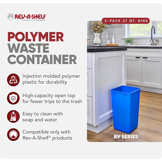 Rev-A-Shelf 27 qt Polymer Replacement Waste Container for Rev-A-Shelf Pullouts, Kitchen Cabinet Trash Can Recycle Bin, RV-1024-22-2, Blue, (2-Pack)