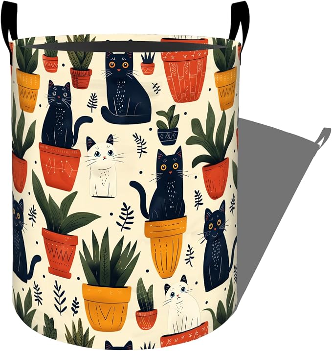 Cute Black Cat with Potted Plants Laundry Basket with Handles, 19.7"x15.7" Clothes Foldable Laundry Hamper Organizer for Dorm Nursery Bedroom Bathroom Decor, Toy Storage Bin for Kids