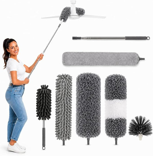 Microfiber Feather Duster with Extension Pole 30-100 Inches, 7-in-1 Washable Duster Set with Bendable Head, Cobweb Duster for High Ceilings, Ceiling Fans, Blinds, Furniture and Cars, Wall Cleaner Tool