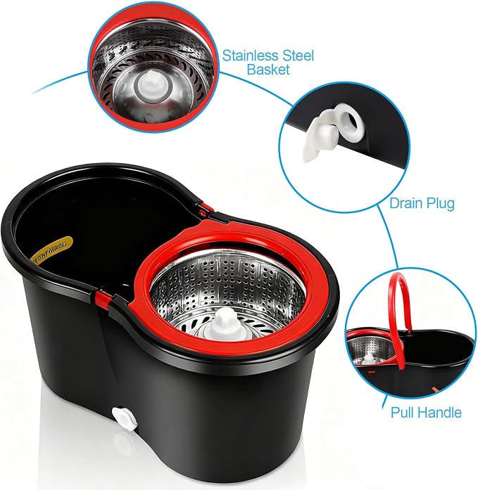 Spin Mop and Bucket with Wringer Set, 360°Rotating Head Mop Bucket System, 3 Replacement Mop Heads for Floor Cleaning (Black & Red) (A mop Head)