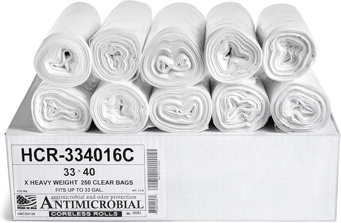Aluf Plastics HCR-334016C 33 Gallon Clear Trash Bags (250 Count) - 33" x 40" - 16 Micron Equivalent High Density Value Garbage Bags for Bathroom, Office, Industrial, Commercial, Janitorial, Municipal,