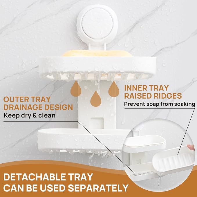LEVERLOC Soap Holder, Soap Dish for Shower, Suction Cup Bar Soap Holder | 2 Layer Soap Bar Holder for Shower, Wall Mounted Self Draining, NO Drill Sponge Holder for Bathroom, Bathtub Kitchen Sink