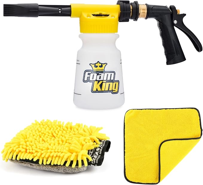 Clean Car USA Foam King™ Car Wash Foam Gun & Microfiber Mitt, Foam Sprayer | Garden Hose Attachment, 6 Settings + Rinse Mode, Fits 3/4 in 5/8 in 1/2 in Hoses, Microfiber Towel, Threaded Connector