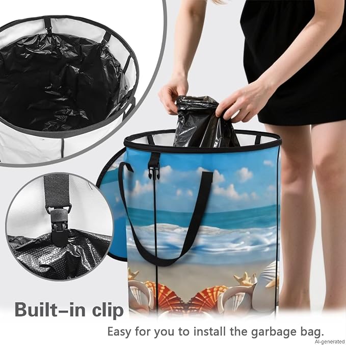Beach Starfish Shell Collapsible Trash Can 24 Gallon Pop-Up Outdoor Garbage Can with Handles Waterproof Lightweight Storage Bag with Lids for Camping, Backyard, Hiking