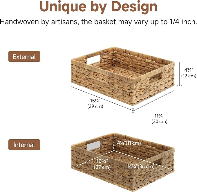 StorageWorks Wicker Storage Baskets for Shelves, Pantry Baskets, 1-Pack | Water Hyacinth Pantry Baskets for Organizing, Wicker Storage Baskets for Organizing, Woven Baskets, 15¼"L x 11¾"W x 4 ¾"H
