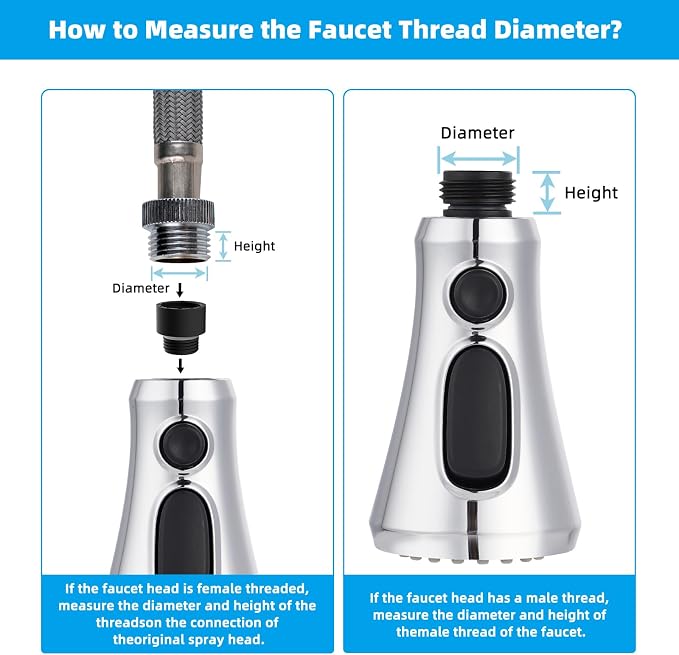 Hibbent Pull Down Kitchen Faucet Head Replacement, NSF/ANSI/CAN 61 & CUPC Certified 3-Function Sink Spray Nozzle with 15 Adapters Compatible with Moen, Delta, Kohler Faucets, Chrome