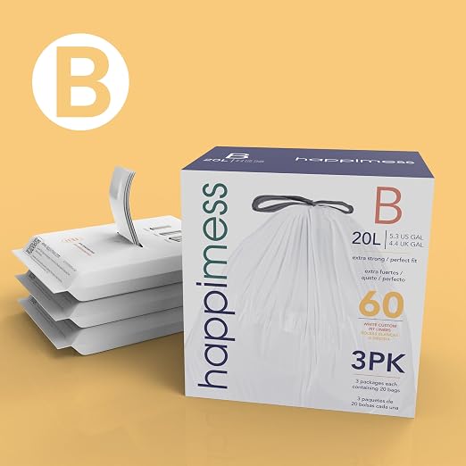 happimess 20-Count Unscented 5.3 Gal Trash Bags, White, Pack of 6 | Kitchen Can Liners, Drawstring, Heavy Duty LDPE Plastic, Tear-Resistant, Recyclable, Custom Fit