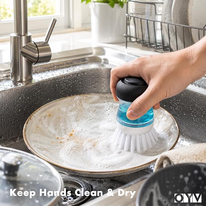 OYV Soap Dispensing Palm Brush Set | Includes Silicone Drip Tray, 1 Refill, Non-Scratch Nylon Bristles, Kitchen Dish Scrub Brush for Cleaning Pots, Pans, Sinks