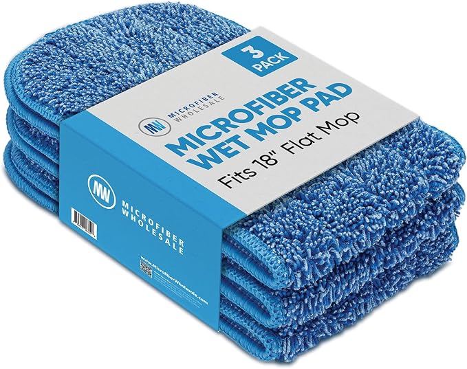 Microfiber Wholesale 18 inch Microfiber Mop Pads - Machine Washable, Reusable, Refills & Replacement Wet Mop Heads Compatible with Any Microfiber Flat Mop System (3 Pack)