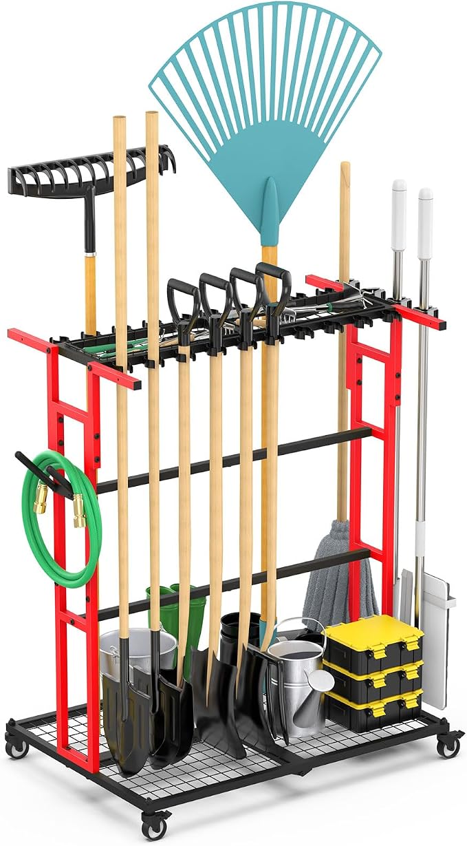 CCCEI Garage Organization with Wheels, Outdoor Gargen Yard Shed Tools Organizer Cart, Home Storage for Cleaning Supplies, Broom Holder, for Shovel and Rake, Long Farming and Farming Tools, Red.