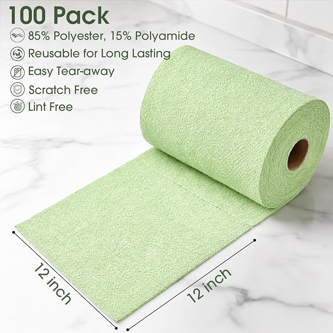 Reusable Microfiber Cloth Roll - 100 Pack, 12"x12" Washable Tear-Away Towels. Fits Paper Towel Holders. Lint-Free & Streak-Free Rags for Kitchen, Glass, Cars, Electronics (Pea Green)