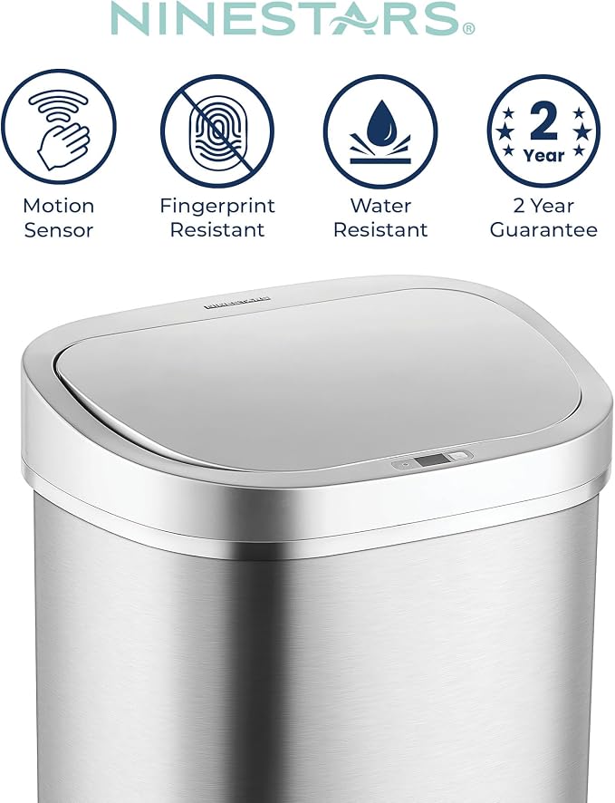 Ninestars DZT-80-35 Deluxe Automatic Touchless Infrared Motion Sensor Trash Can, 21 Gal 80L, Heavy Duty Stainless Steel Base (Oval, Silver/Brush Lid) Trashcan, Ss