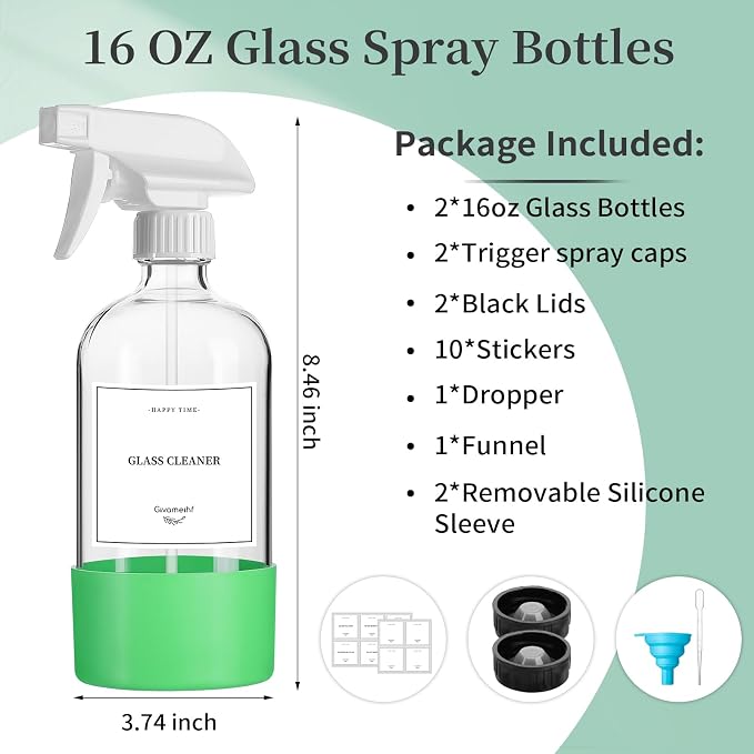 GIVAMEIHF 2 Pack Glass Spray Bottles with Silicone Sleeve,16oz Clear Glass Spray Bottles Refillable Empty Bottle with Adjustable Nozzle,Spray Bottle for Essential Oils,Cleaning Solutions,Pets,Hair