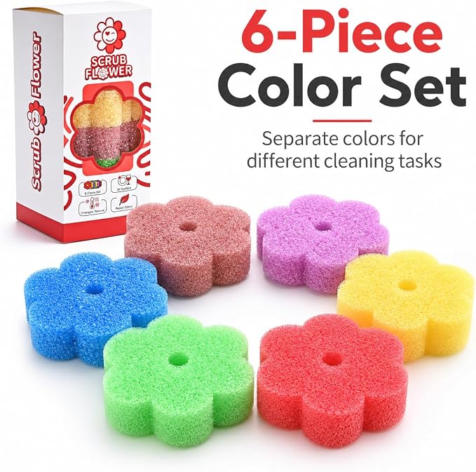 Scrub Flower Temperature-Sensitive Non-Scratch Dish Sponges, 6 Count | Firm in cold water for tough messes, soft in warm water for gentle cleaning; odor-resistant colors separate kitchen tasks.