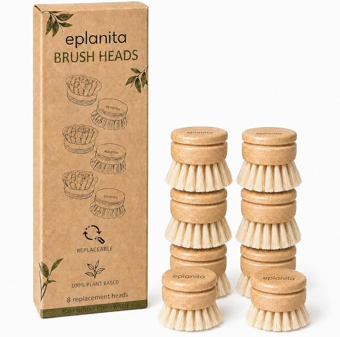 Replacement Brush Heads (Pack of 8) for Bamboo Dish Brush, Sisal Bristle Refills, Agave Cactus Fibres, Kitchen Eco Scrubber, Plastic Free Washing Up, Zero Waste Cleaning